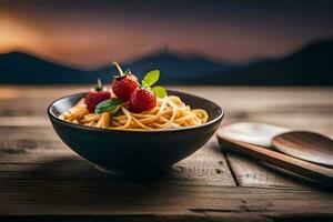 Spaghetti mit Erdbeeren und ein Schüssel auf ein hölzern Tisch. KI-generiert foto