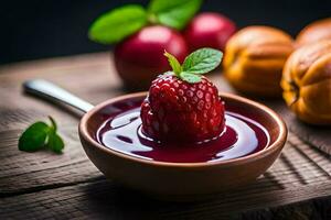 ein Schüssel von Himbeere Marmelade mit ein Löffel auf ein hölzern Tisch. KI-generiert foto