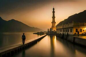 ein Mann steht auf ein Dock suchen beim ein Moschee beim Sonnenuntergang. KI-generiert foto