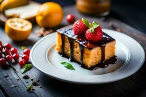 ein Stück von Kuchen mit Schokolade Soße und Beeren. KI-generiert foto