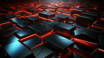 dunkel abstrakt Hintergrund von sechseckig Zellen und Quadrate mit ein futuristisch Hi-Tech Energie glühen foto