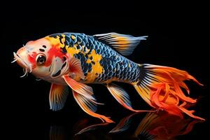 klein hell farbig Koi Fisch isoliert schwarz Hintergrund generativ ai foto