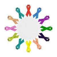 Welt Krebs Tag mit bunt Bänder um leer Weiß Kreis Abzeichen. 3d Rendern foto