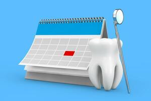 Dental Gesundheit Konzept. Zahn Symbol mit Dental Inspektion Spiegel zum Zähne und Erinnerung Kalender zum Besuch das Zahnarzt. 3d Rendern foto