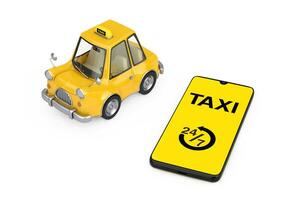 Gelb Karikatur Taxi Auto in der Nähe von modern Handy, Mobiltelefon Telefon mit Taxi 24 7 Bedienung Anwendung. 3d Rendern foto