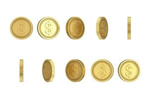 golden Karikatur Dollar Münze im anders Position. 3d Rendern foto