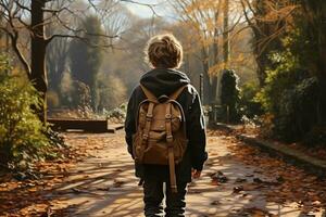 ein jung Junge mit ein Rucksack ist Über zu einschiffen auf ein Abenteuer im das draußen Welt. das Konzept von Abenteuer ist zu erkunden Neu setzt und Erfahrungen. generativ ai. foto