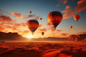 heiß Luft Luftballons im das Wüste beim Sonnenuntergang Hintergrund. generativ ai foto