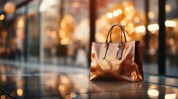 ein braun Damen Handtasche sitzt auf ein Tisch, mit ein schön verschwommen und Bokeh Bild von ein luxuriös Abteilung Geschäft und es ist Innere wie das Hintergrund. generativ ai. foto