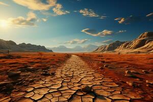 Dürre Land gegen Sonnenuntergang Hintergrund Muster Natur. generativ ai. foto