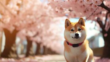 süß Shiba inu beim das japanisch Straße mit Blühen Sakura Bäume und Blau Himmel auf das Hintergrund foto