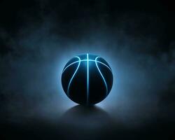 3D-Darstellung eines einzelnen schwarzen Basketballs mit hellblau leuchtenden Neonlinien, die in einer komplett schwarzen Umgebung sitzen foto