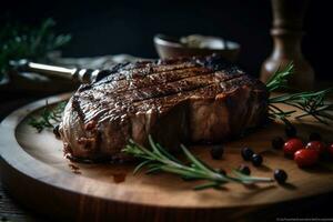 gegrillt Rindfleisch Steak mit Rosmarin und Gewürze auf ein hölzern Tafel foto