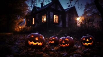 unheimlich Halloween Hintergrund, mit Kürbisse und unheimlich Haus, Bäume schließen zu Friedhof ai generativ foto