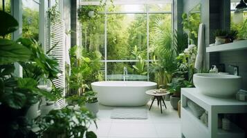 modern Badezimmer Weiß Fliesen mit Schränke und Badewanne, breit Fenster mit ein Aussicht von tropisch Wald und Pflanzen ai generativ foto
