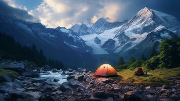 Camping auf ein Berg oben mit ein atemberaubend Aussicht von das Himmel und Sonnenuntergang mit ein Lagerfeuer in der Nähe ai generativ foto