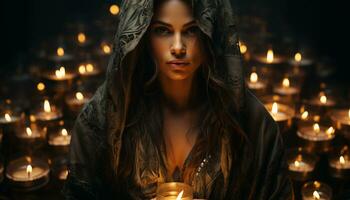 ein jung Frau, beleuchtet durch Kerzenlicht, meditieren im Gelassenheit generiert durch ai foto