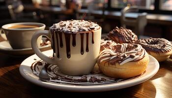 frisch gebacken Krapfen auf hölzern Tisch, cremig Cappuccino mit Schokolade generiert durch ai foto