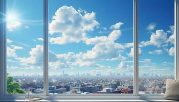 suchen durch Fenster, Stadtbild Wolkenkratzer die Architektur, Blau Himmel generiert durch ai foto