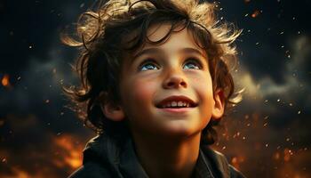 lächelnd Kind, heiter Jungen, Glück draußen, süß Porträt von Kindheit generiert durch ai foto