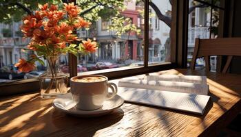 Kaffee Tasse auf Holz Tabelle im Kaffee Geschäft generiert durch ai foto