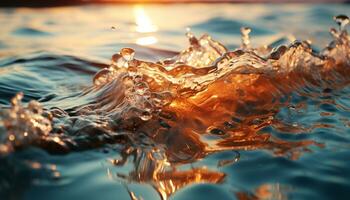 glatt Wasser Welle spiegelt beschwingt Sonnenuntergang Farben im still Natur generiert durch ai foto