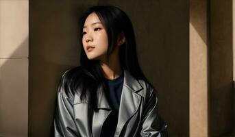Porträt von ein schön jung asiatisch Frau mit Schatten auf Mauer. ai generativ foto