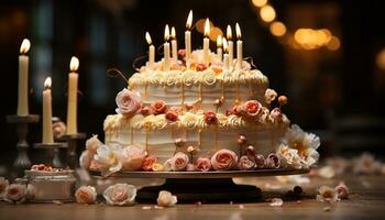Geburtstag Kuchen mit Schokolade Glasur und Süßigkeiten Dekorationen auf Tabelle generiert durch ai foto