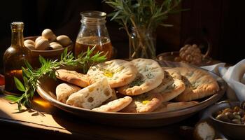 frisch gebacken Ciabatta auf hölzern Tisch, ein rustikal hausgemacht Vorspeise generiert durch ai foto