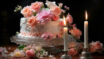 romantisch Hochzeit Feier mit elegant Blume Strauß und Kerzenlicht generiert durch ai foto