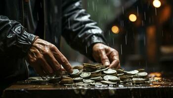 ein reich Mann Hand wählt aus ein Münze auf ein Tabelle generiert durch ai foto