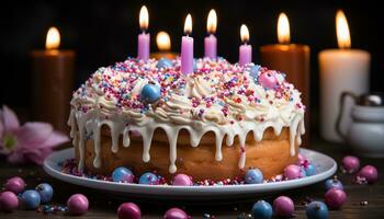 Geburtstag Kuchen mit Schokolade Glasur, dekoriert mit bunt Kerzen und Blumen generiert durch ai foto