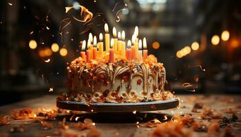 Geburtstag Kuchen mit Kerzen, Schokolade Glasur, und glühend Kerzenlicht generiert durch ai foto