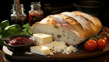 frisch Ciabatta Brot mit organisch Tomate, Gourmet Kräuter, und gesund Gemüse generiert durch ai foto