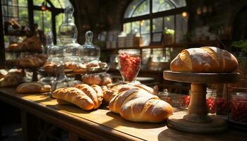 frisch gebacken Brot auf rustikal hölzern Tisch, ein Gourmet Freude generiert durch ai foto