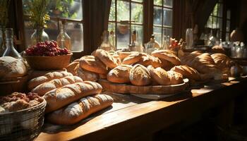 frisch gebacken hausgemacht Brot auf rustikal hölzern Tisch, ein Gourmet Freude generiert durch ai foto