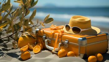 Sommer- Urlaube Reise zu sonnig Reiseziele, entspannen draußen, Pack Sonnenbrille und ein Koffer zum ein erfrischend Reise generiert durch ai foto