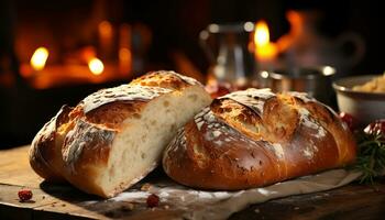 frisch gebacken Brot auf Tisch, bereit zu essen, rustikal und hausgemacht generiert durch ai foto