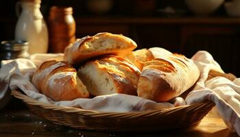 frisch gebacken Brot auf hölzern Tisch, ein Gourmet hausgemacht Mahlzeit generiert durch ai foto