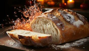 frisch gebacken Brot auf hölzern Tisch, ein köstlich hausgemacht Genuss generiert durch ai foto