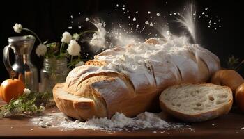 frisch gebacken Brot auf hölzern Tisch, ein gesund Gourmet Mahlzeit generiert durch ai foto