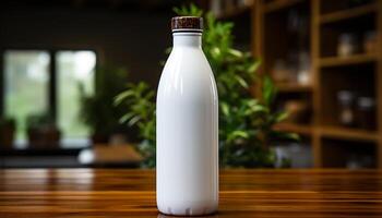 frisch Milch im Glas Flasche auf hölzern Tisch, gesund Erfrischung generiert durch ai foto