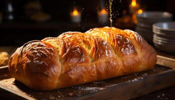 frisch gebacken Brot auf hölzern Tisch, ein hausgemacht Gourmet Freude generiert durch ai foto