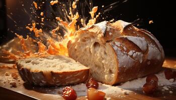 frisch gebacken Brot auf ein hölzern Tisch, bereit zu Essen generiert durch ai foto