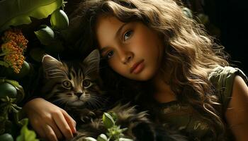 lächelnd Mädchen umarmt süß Kätzchen, Glück im Natur Schönheit generiert durch ai foto