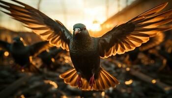 ein beschwingt Sonnenuntergang, ein Vogel Freiheit, Natur still Szene generiert durch ai foto