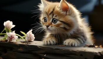 süß Kätzchen Sitzung draußen, suchen beim Kamera mit Neugierde generiert durch ai foto