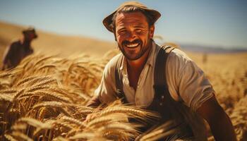 lächelnd Farmer im Natur, Ernte Weizen unter das Sonne generiert durch ai foto