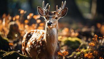 süß Hirsch Weiden lassen im Wiese, suchen beim Kamera, umgeben durch Natur generiert durch ai foto