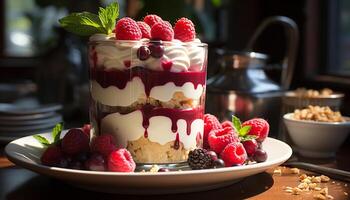 ein Gourmet Dessert Teller mit Himbeere, Schokolade, und ausgepeitscht Sahne generiert durch ai foto